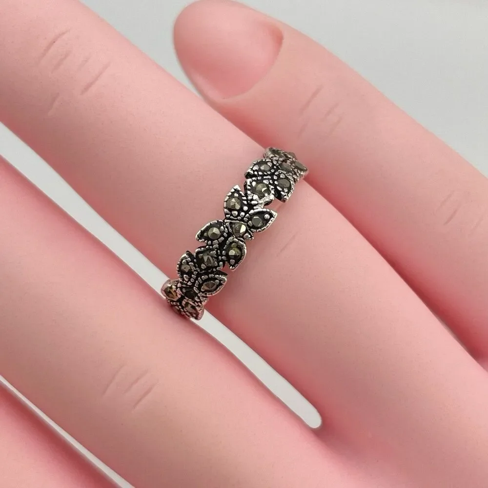 925 Sterling Silver Ring Marcasite Stone Butterfly Dainty Sz 5 Adjustable Cute